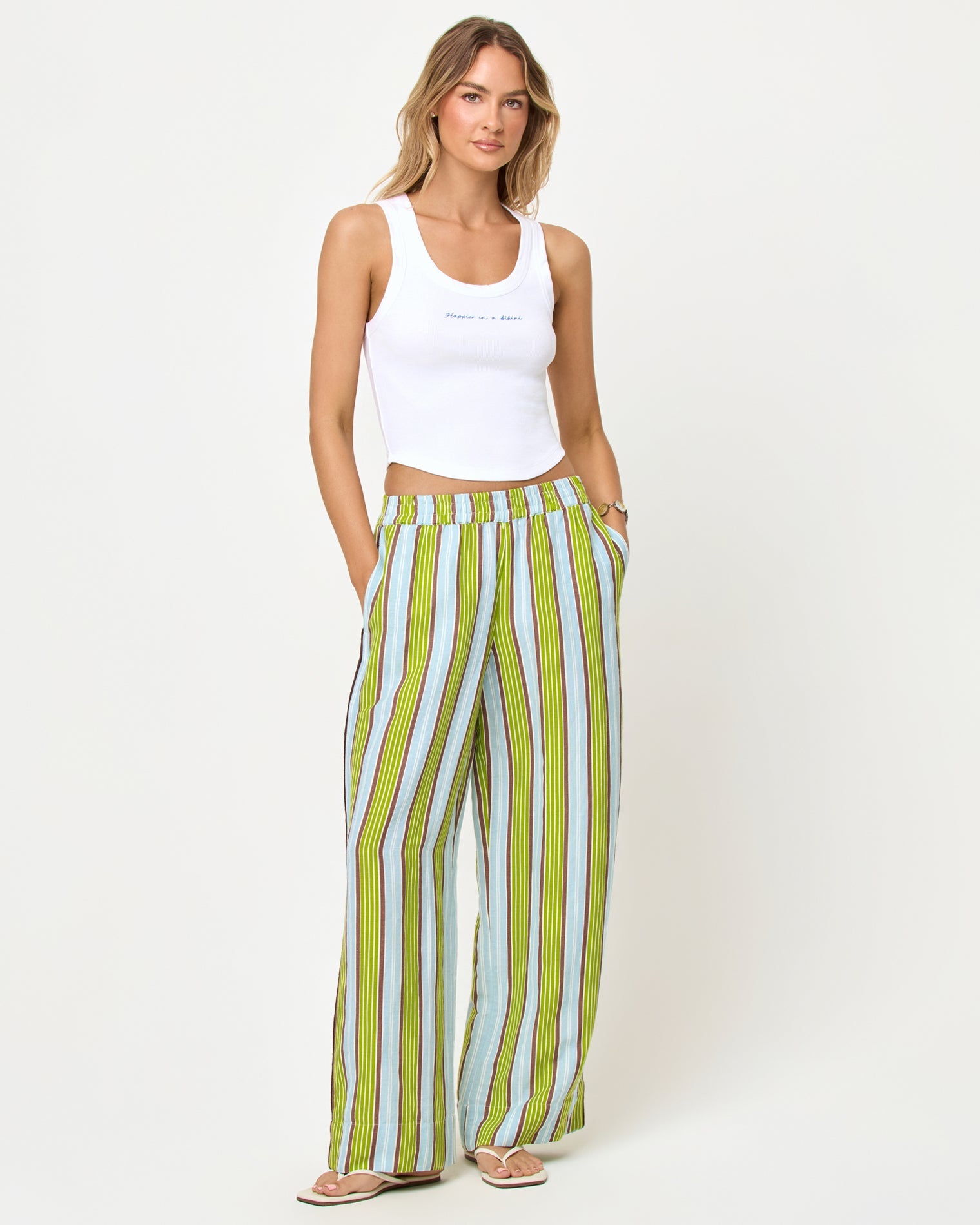 Pantalon de plage large rayé en lin mélangé à enfiler avec poches