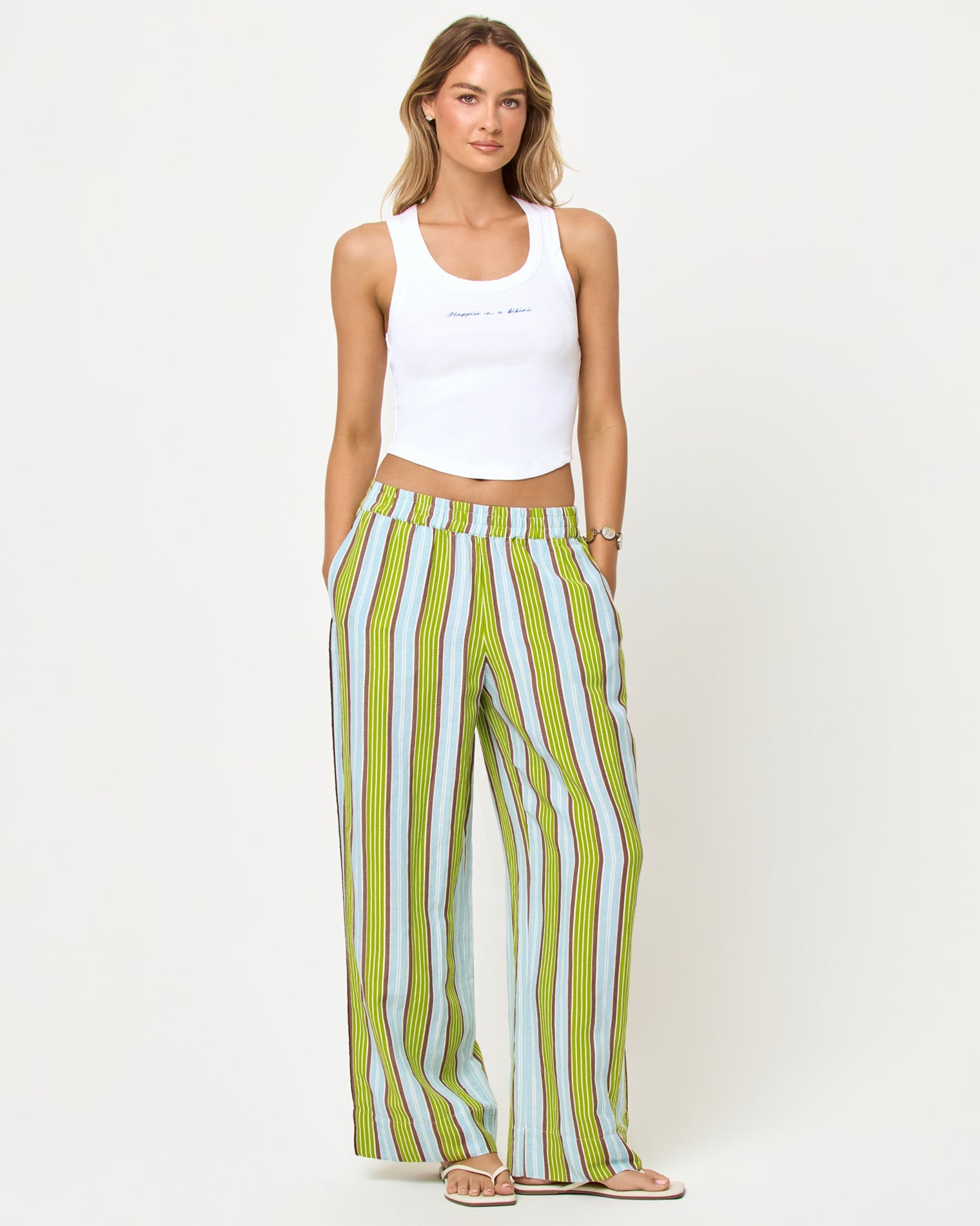 Pantalon de plage large rayé en lin mélangé à enfiler avec poches