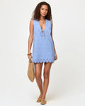 Mini-robe droite en chambray à œillets avec encolure en V et lien à nouer sur le devant