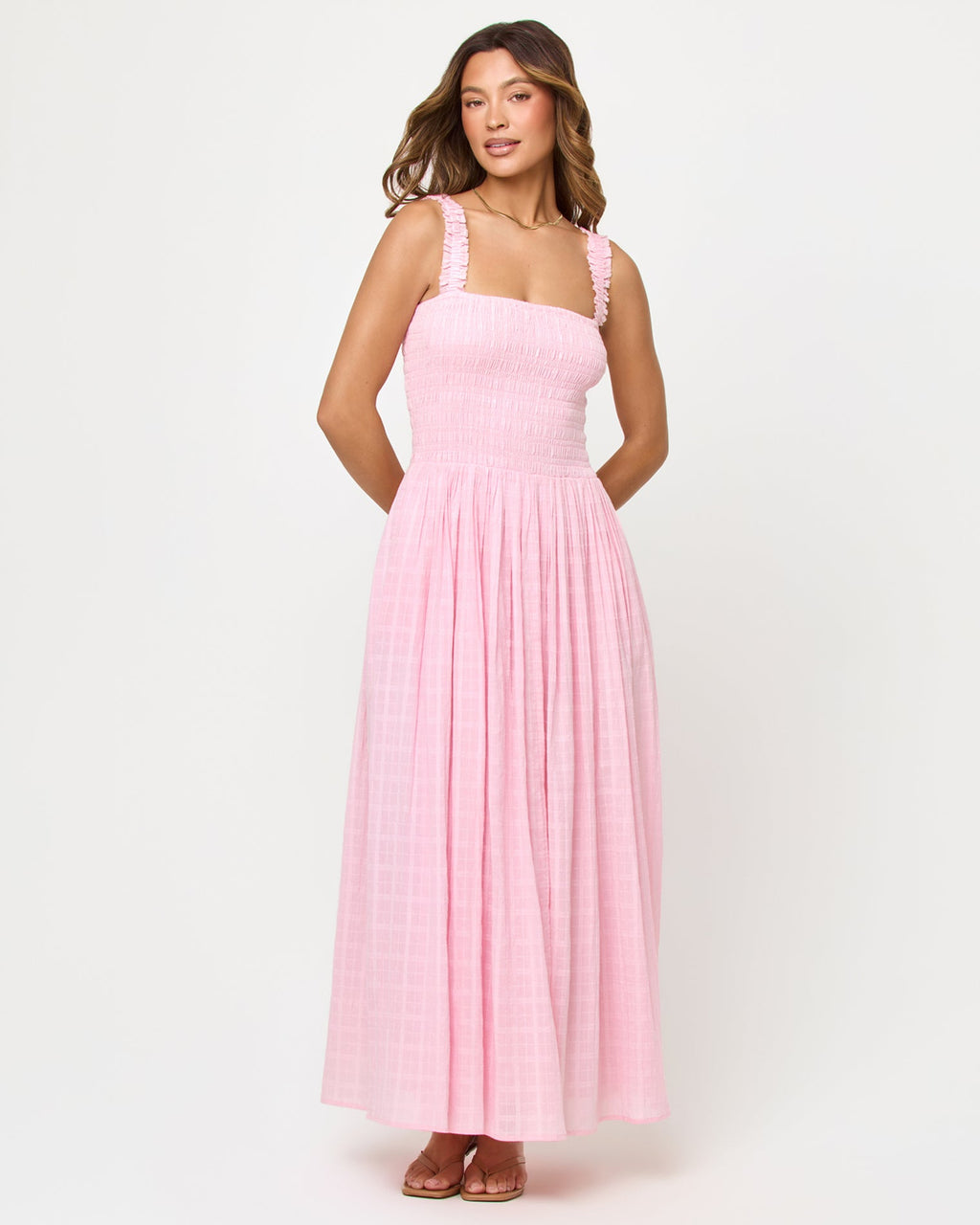 Robe longue en coton à corsage smocké, larges bretelles et jupe ample Rosewater