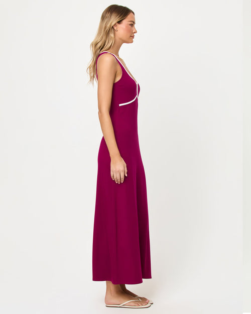 Robe longue moulante en maille unie coupe princesse framboise et crème