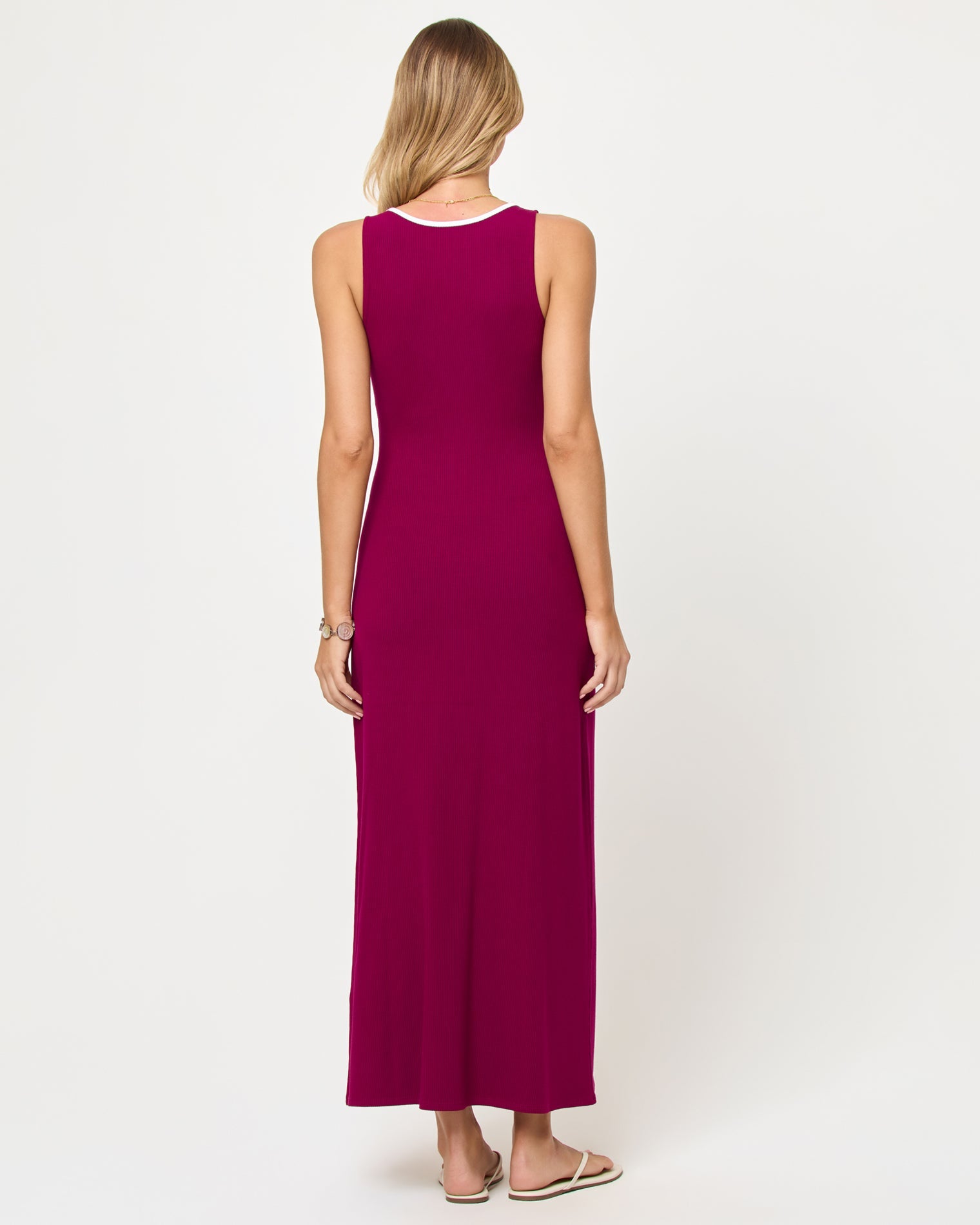 Robe longue moulante en maille unie coupe princesse framboise et crème