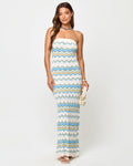 Robe longue sans bretelles en maille Chevron Gold Coast, motif Blue Multi