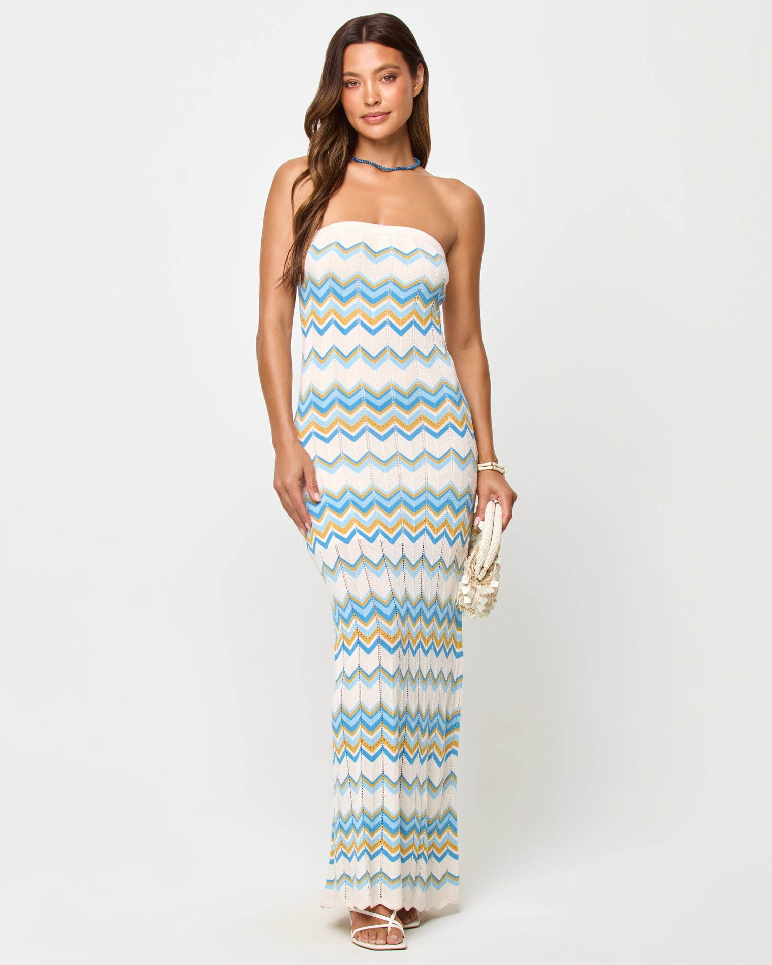 Robe longue sans bretelles en maille Chevron Gold Coast, motif Blue Multi