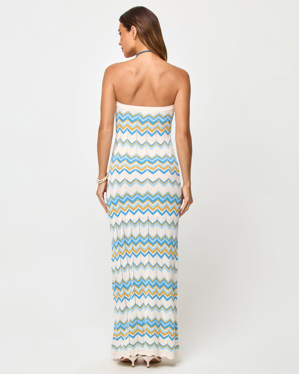 Robe longue sans bretelles en maille Chevron Gold Coast, motif Blue Multi