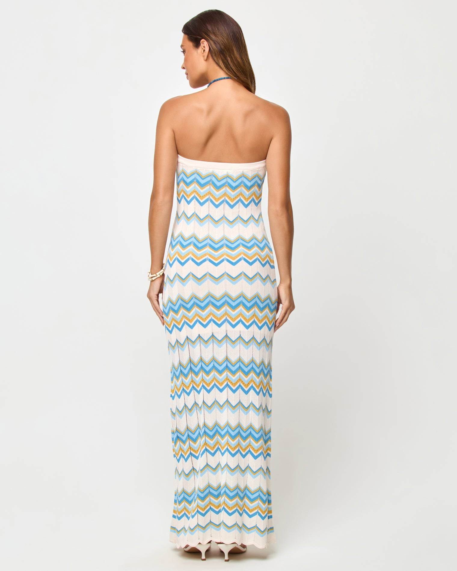 Robe longue sans bretelles en maille Chevron Gold Coast, motif Blue Multi