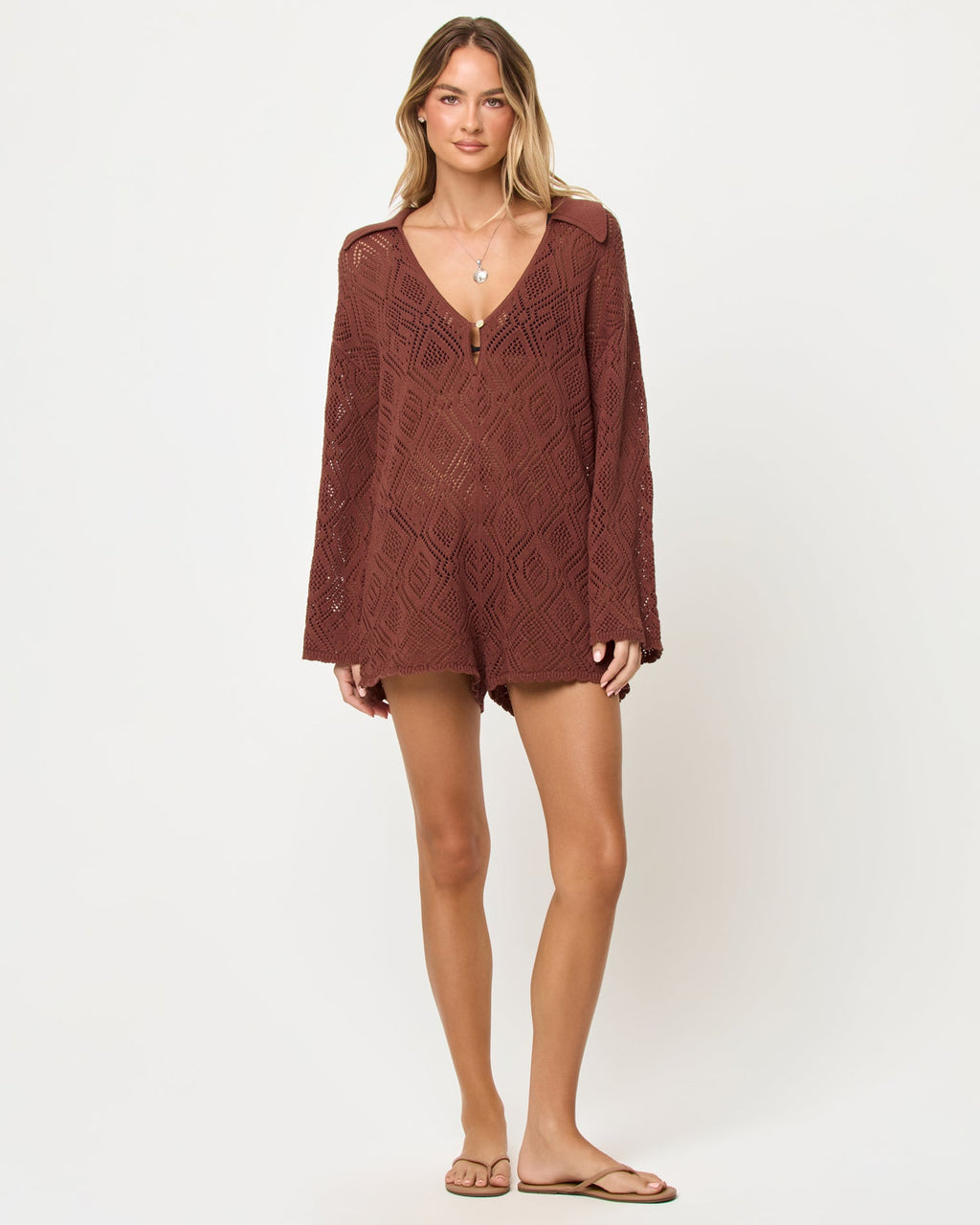 Combinaison en coton coupe large et décontractée, col en V, style café