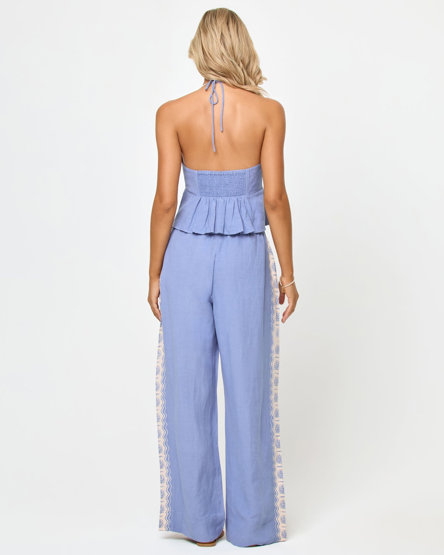 Pantalon pull-on ample en mélange de lin bleu coquille avec bordure contrastante