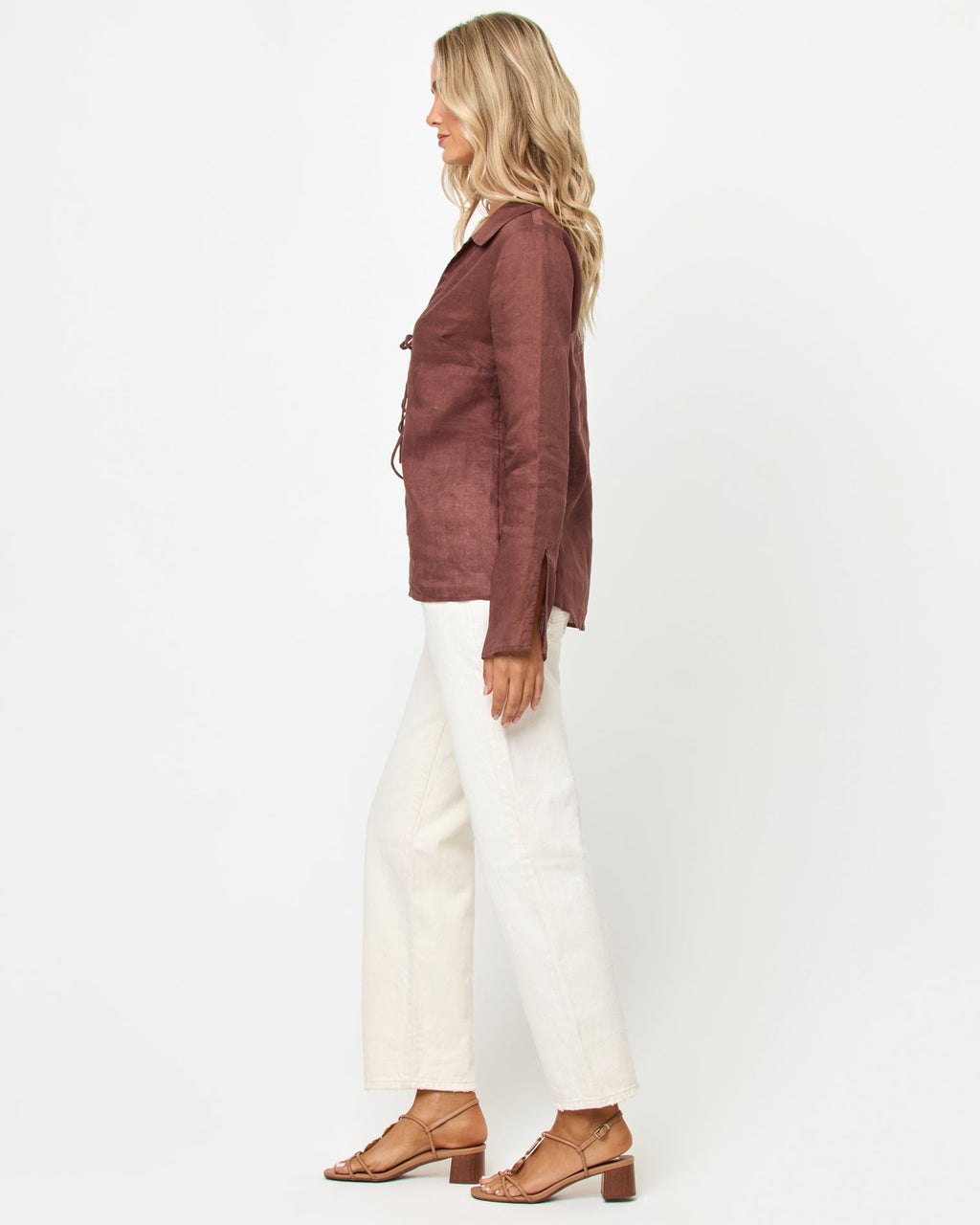 Chemise tunique décontractée à manches longues à nouer en lin et coton Venise