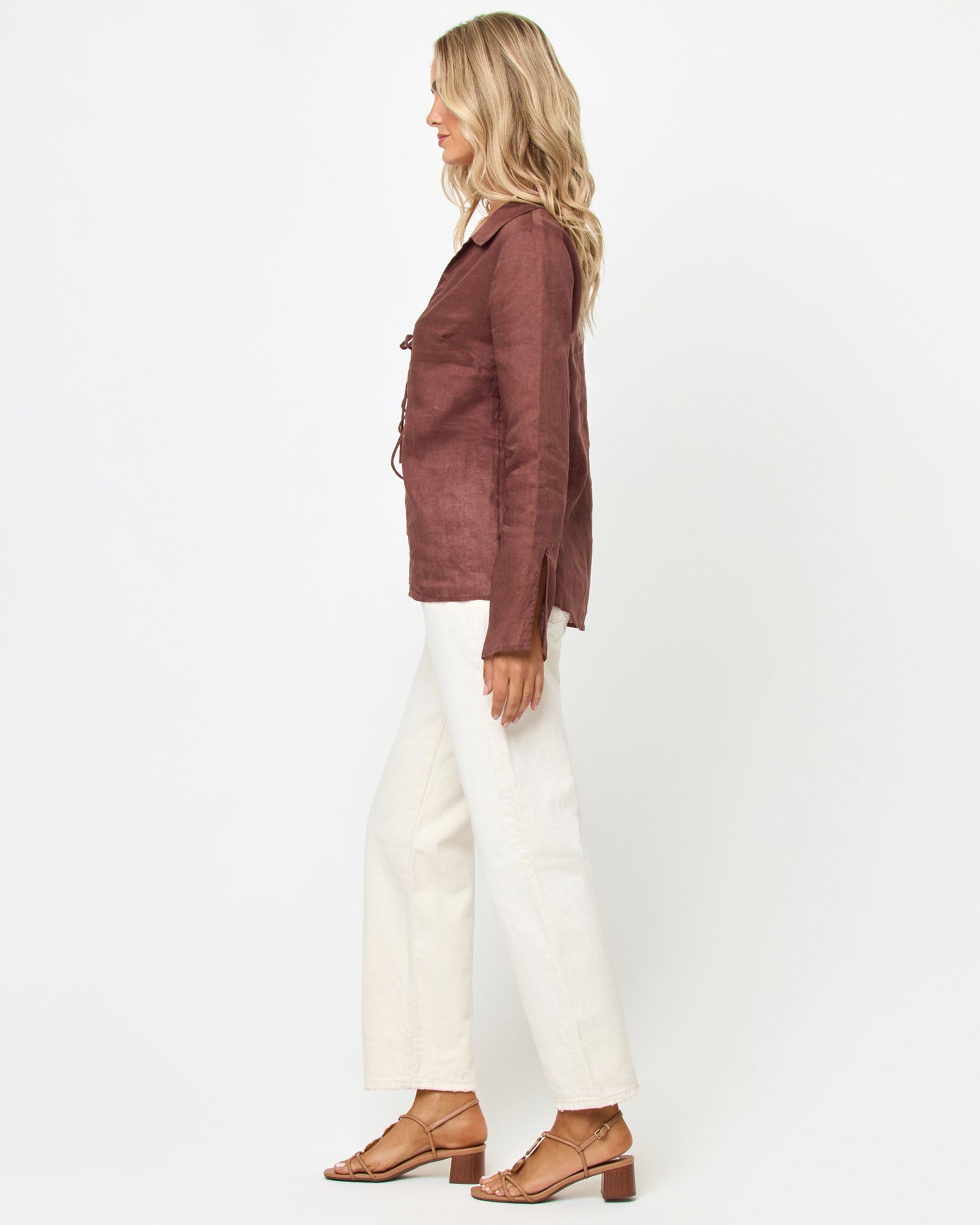 Chemise tunique décontractée à manches longues à nouer en lin et coton Venise
