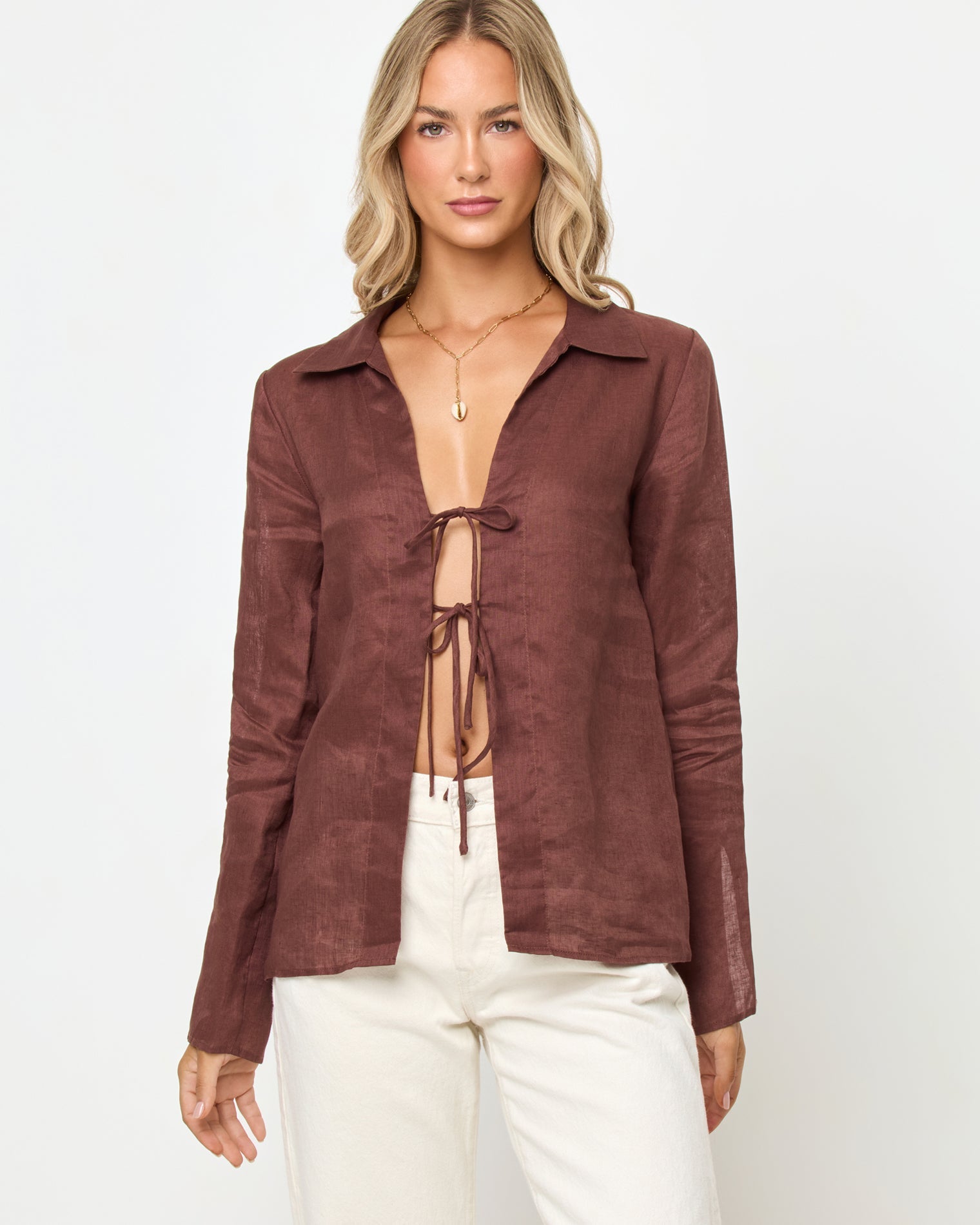 Chemise tunique décontractée à manches longues à nouer en lin et coton Venise