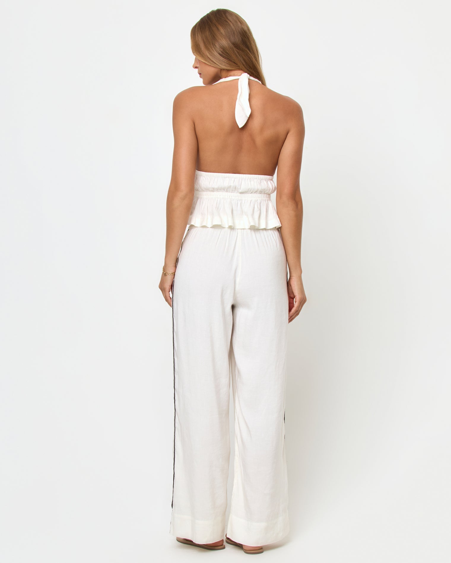 Pantalon large en mélange de lin à enfiler, crème avec passepoil contrastant