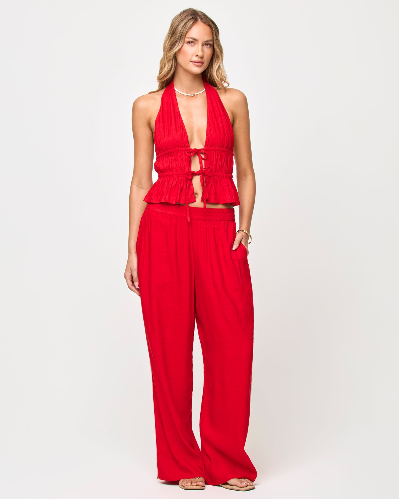 Pantalon ample en mélange de lin à enfiler avec liseré contrastant Flamme-Crème