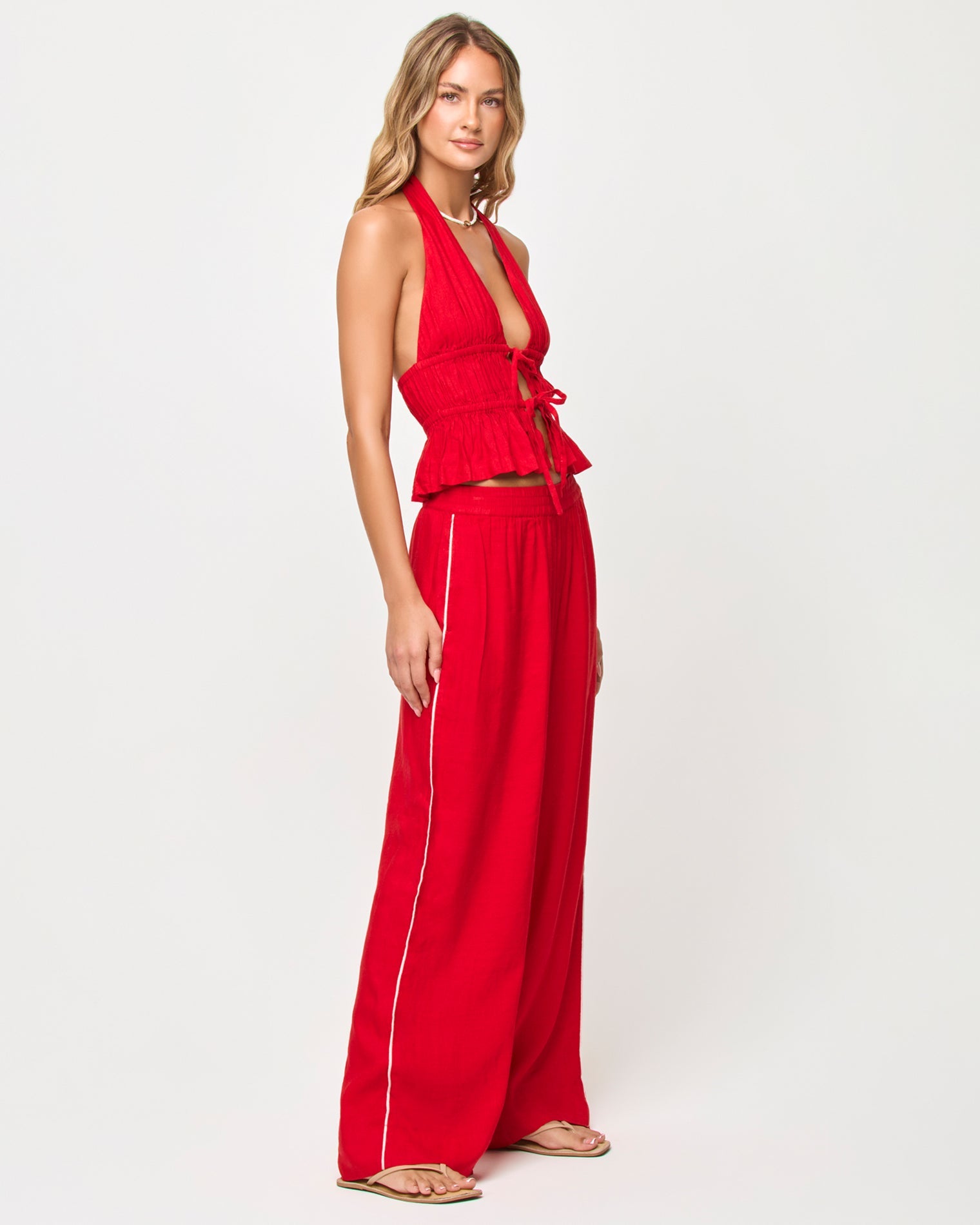 Pantalon ample en mélange de lin à enfiler avec liseré contrastant Flamme-Crème