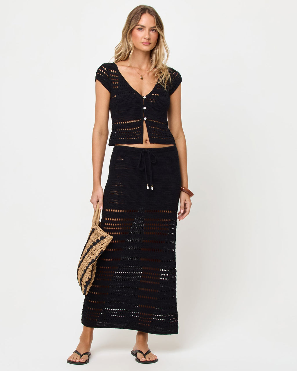 Jupe longue noire en crochet tricoté à enfiler avec cordon de serrage à la taille