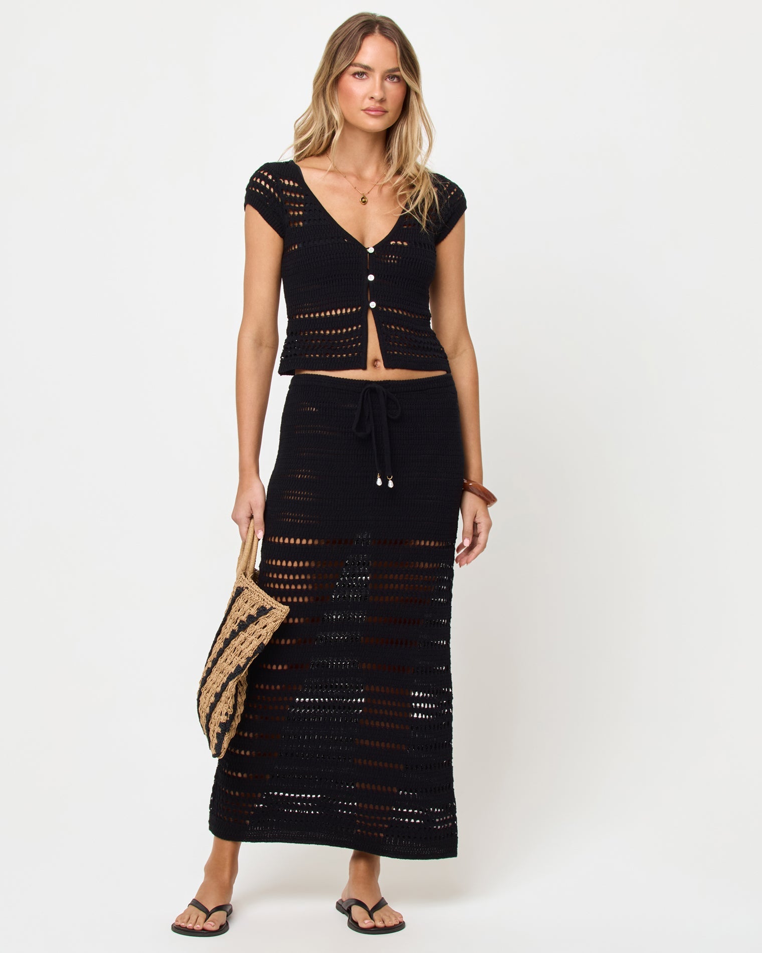 Jupe longue noire en crochet tricoté à enfiler avec cordon de serrage à la taille