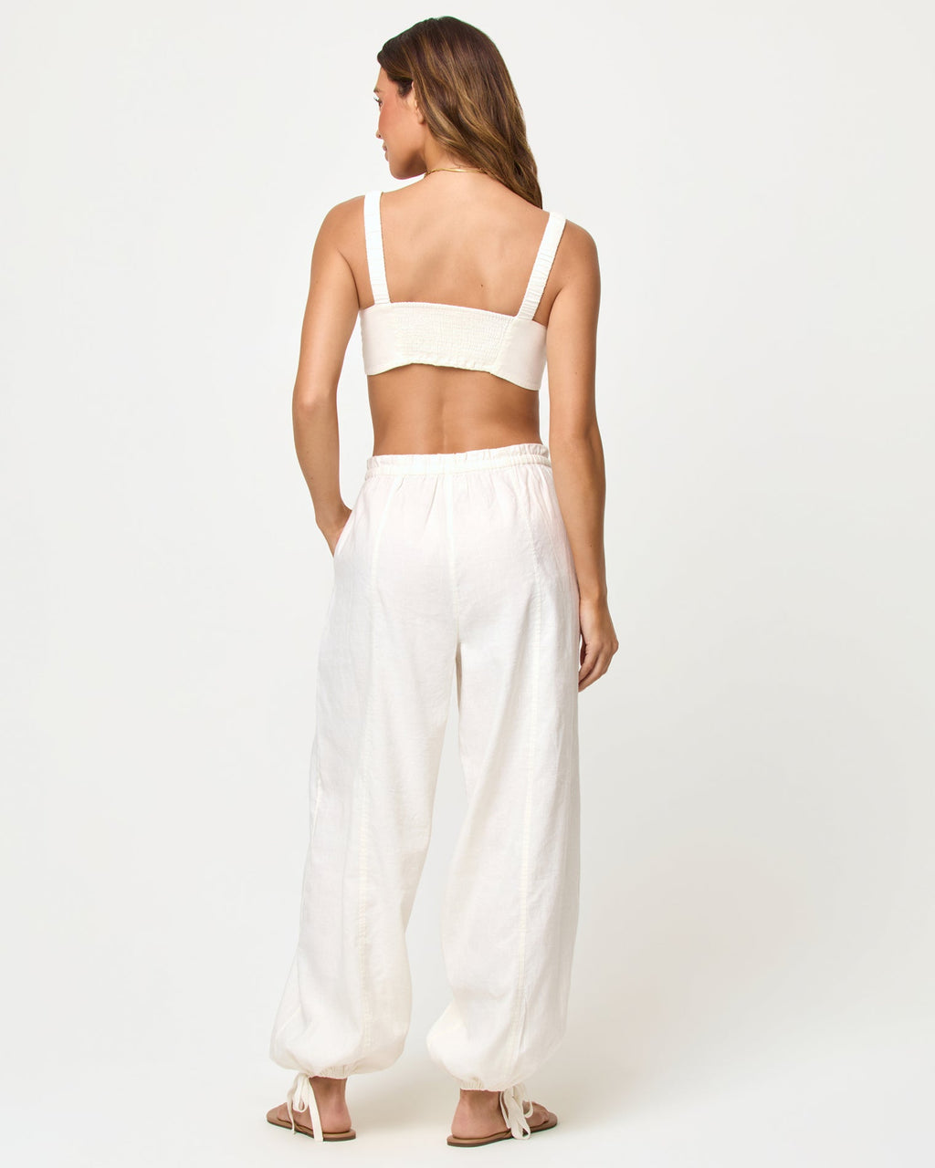 Haut court bandeau smocké avec lien à nouer crème en mélange de lin et coton