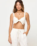 Haut court bandeau smocké avec lien à nouer crème en mélange de lin et coton