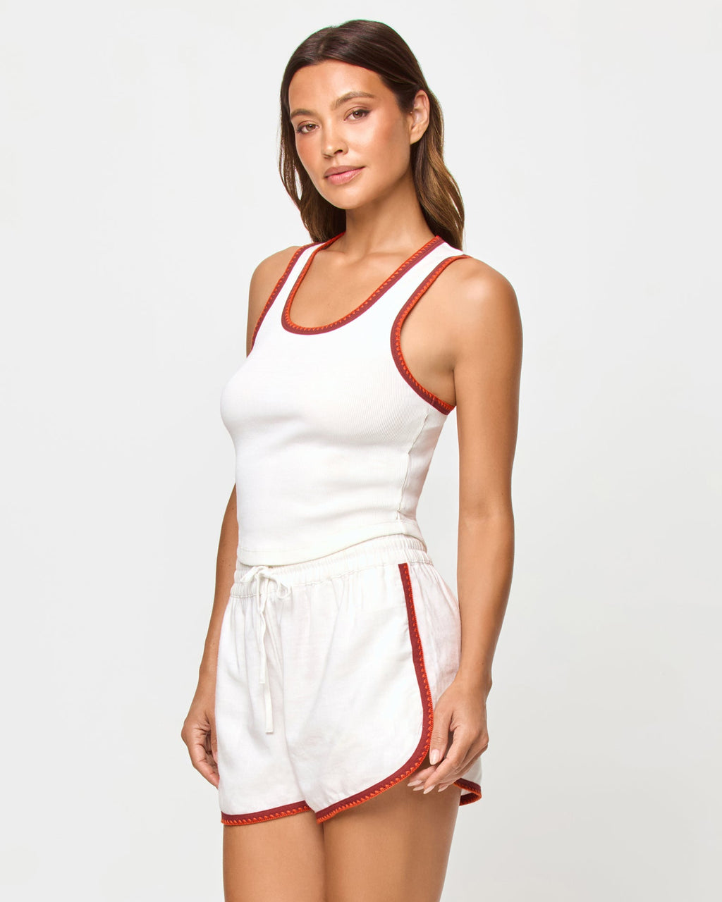 Shorts amples en lin mélangé crème, figue et coquelicot