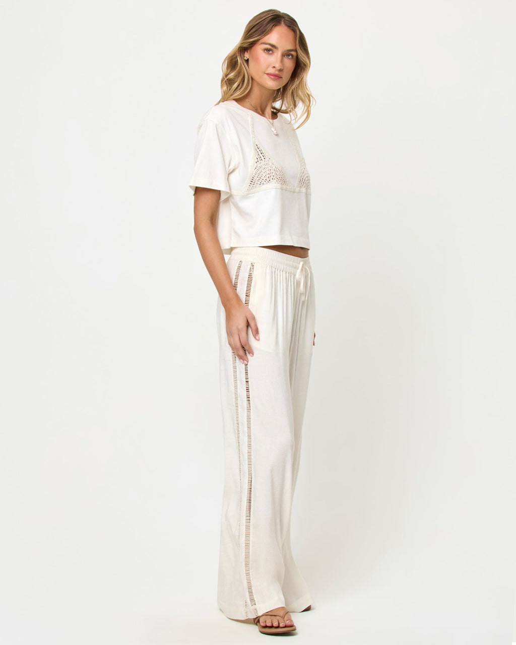 Pantalon décontracté en mélange de lin crème à jambe large et cordon de serrage