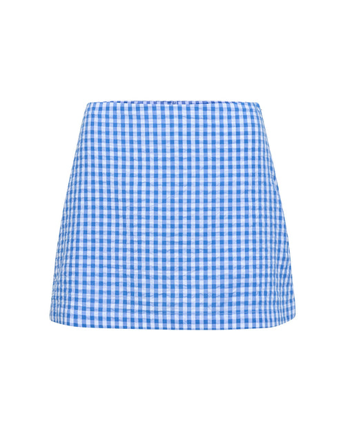 Jupe-short cintrée à carreaux Vichy bleus avec short intégré et fermeture éclair latérale