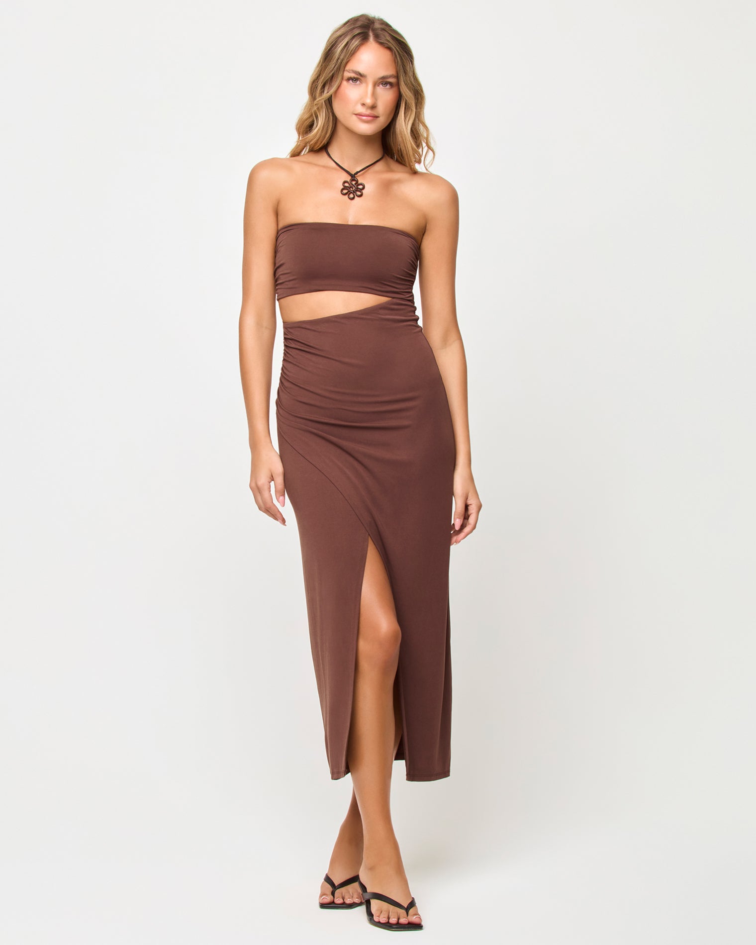 Robe midi bustier à découpes et fente avant longueur cheville Espresso