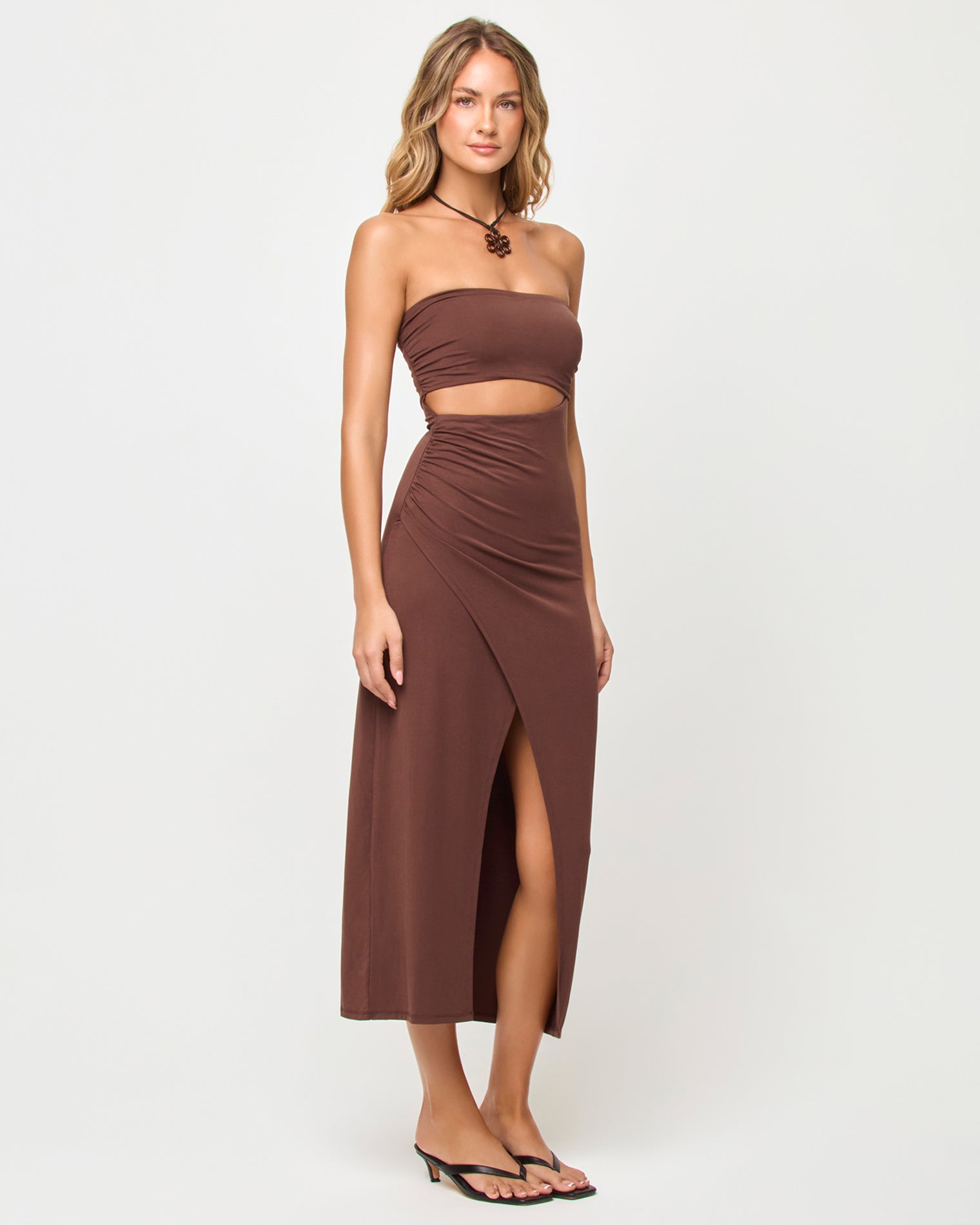 Robe midi bustier à découpes et fente avant longueur cheville Espresso