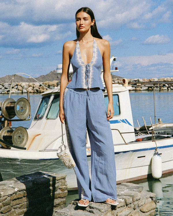 Pantalon pull-on ample en mélange de lin bleu coquille avec bordure contrastante