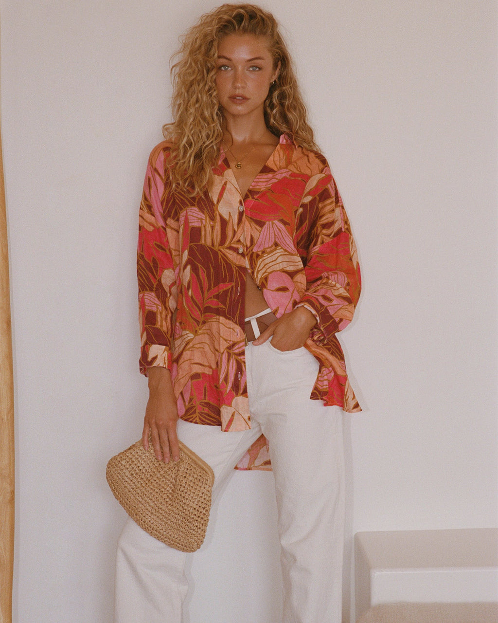 Chemisier tunique en lin imprimé feuilles tropicales Surchemise ample boutonnée