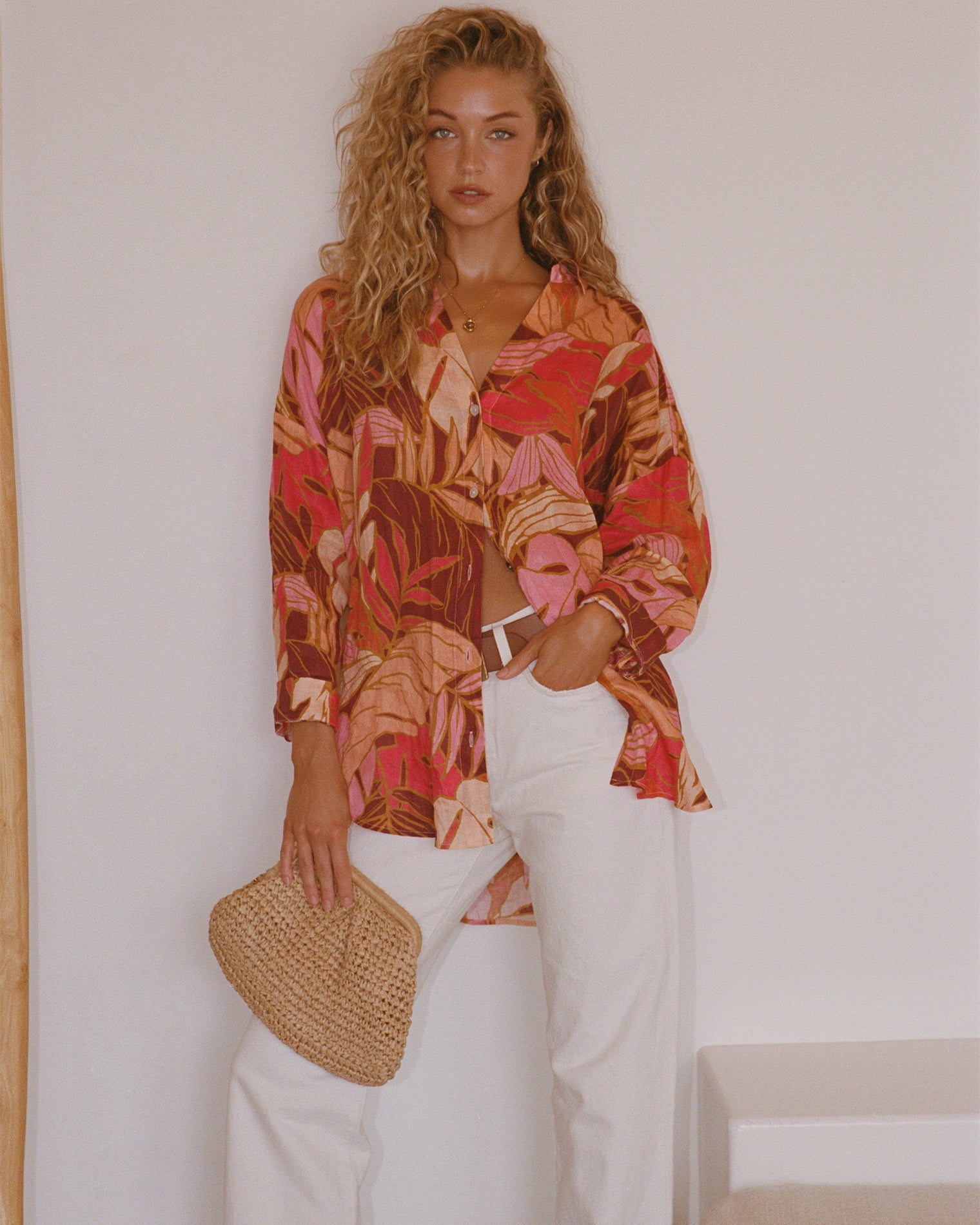 Chemisier tunique en lin imprimé feuilles tropicales Surchemise ample boutonnée