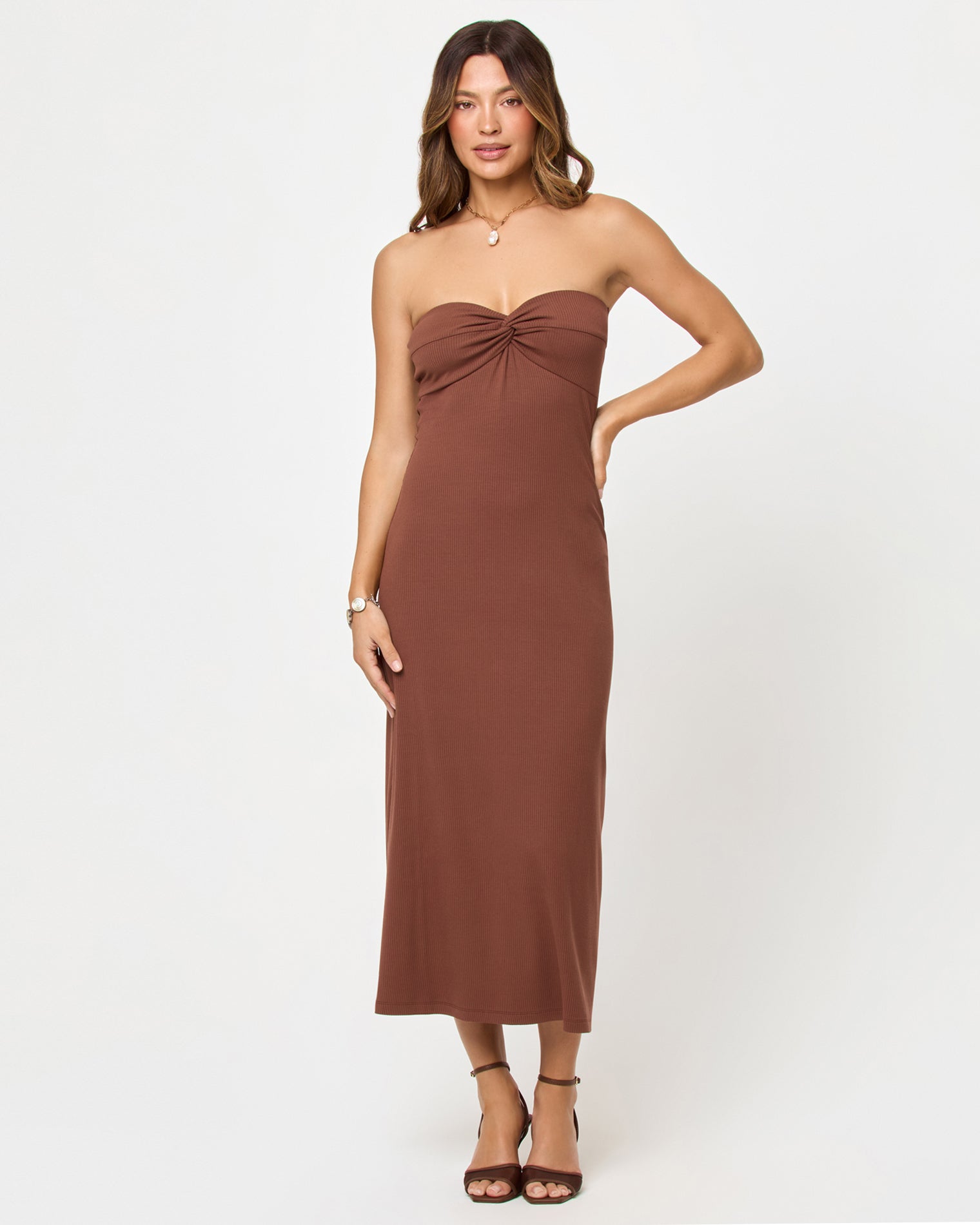 Robe midi bustier côtelée torsadée marron café