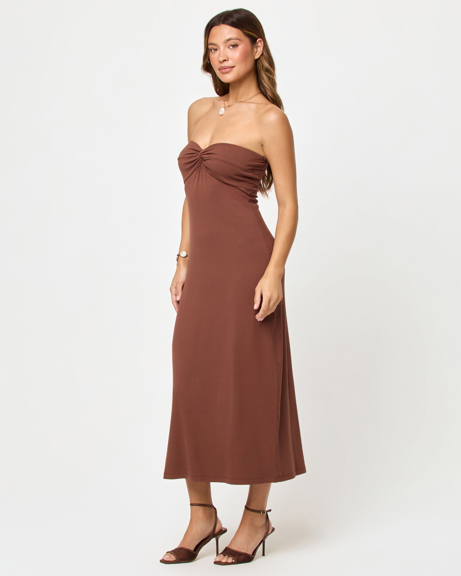 Robe midi bustier côtelée torsadée marron café