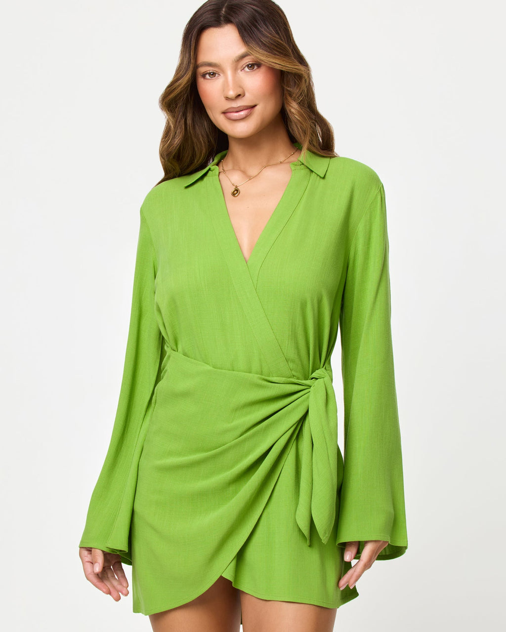 Mini-robe boutonnée à col et encolure portefeuille, vert verdoyant