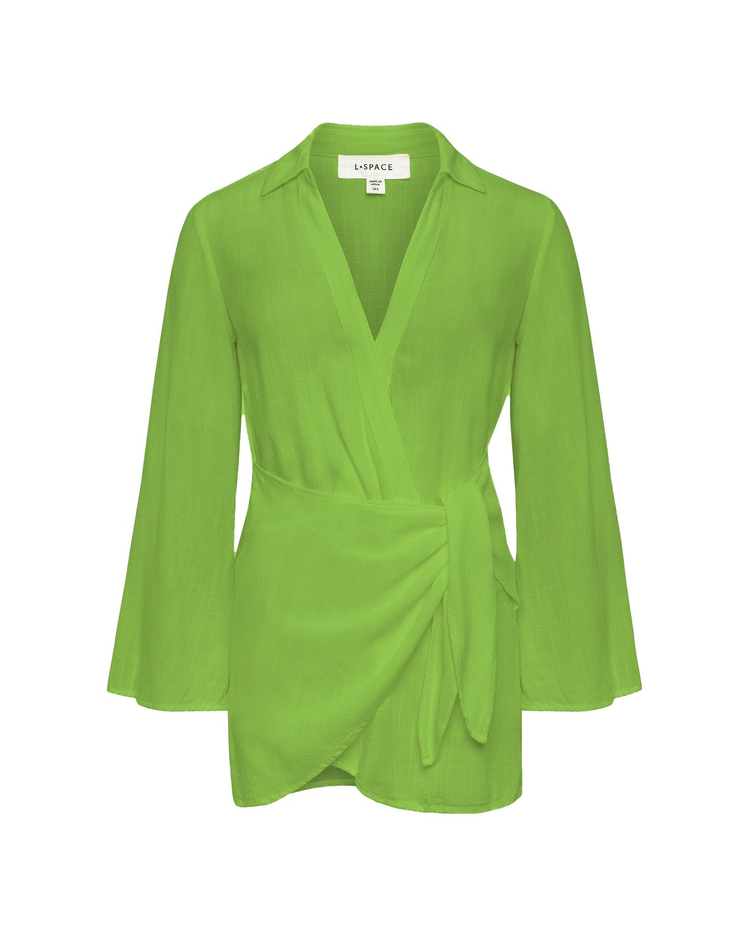 Mini-robe boutonnée à col et encolure portefeuille, vert verdoyant