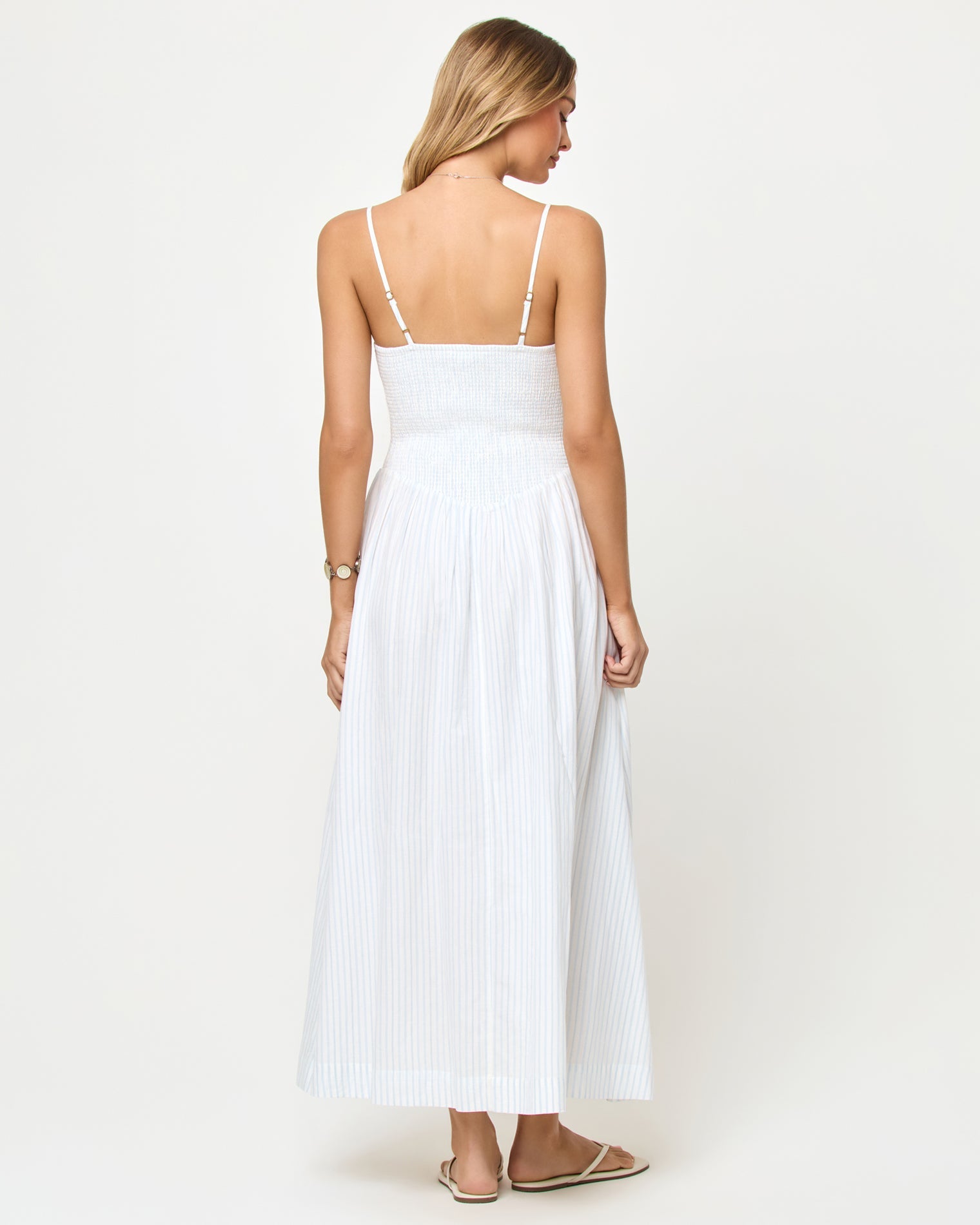 Robe longue à corsage smocké à rayures bleu galet pour femme