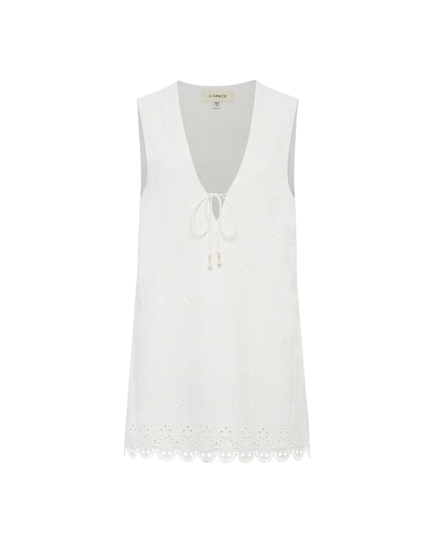 Mini-robe droite en coton crème avec œillets, col en V et lien sur le devant
