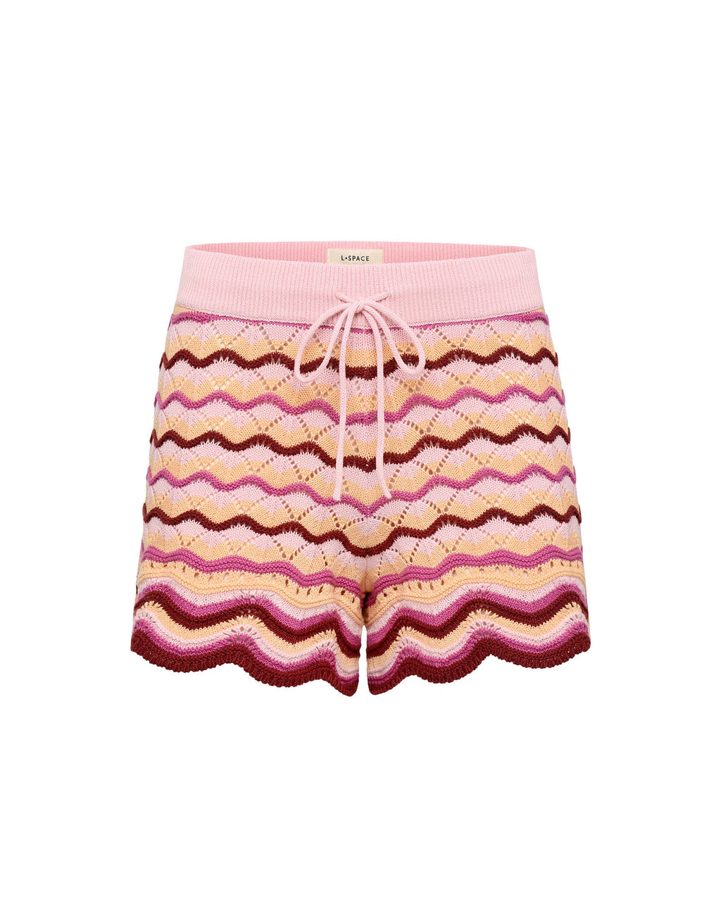 Shorts de plage taille haute en maille crochet avec ourlet festonné et cordon de serrage rose