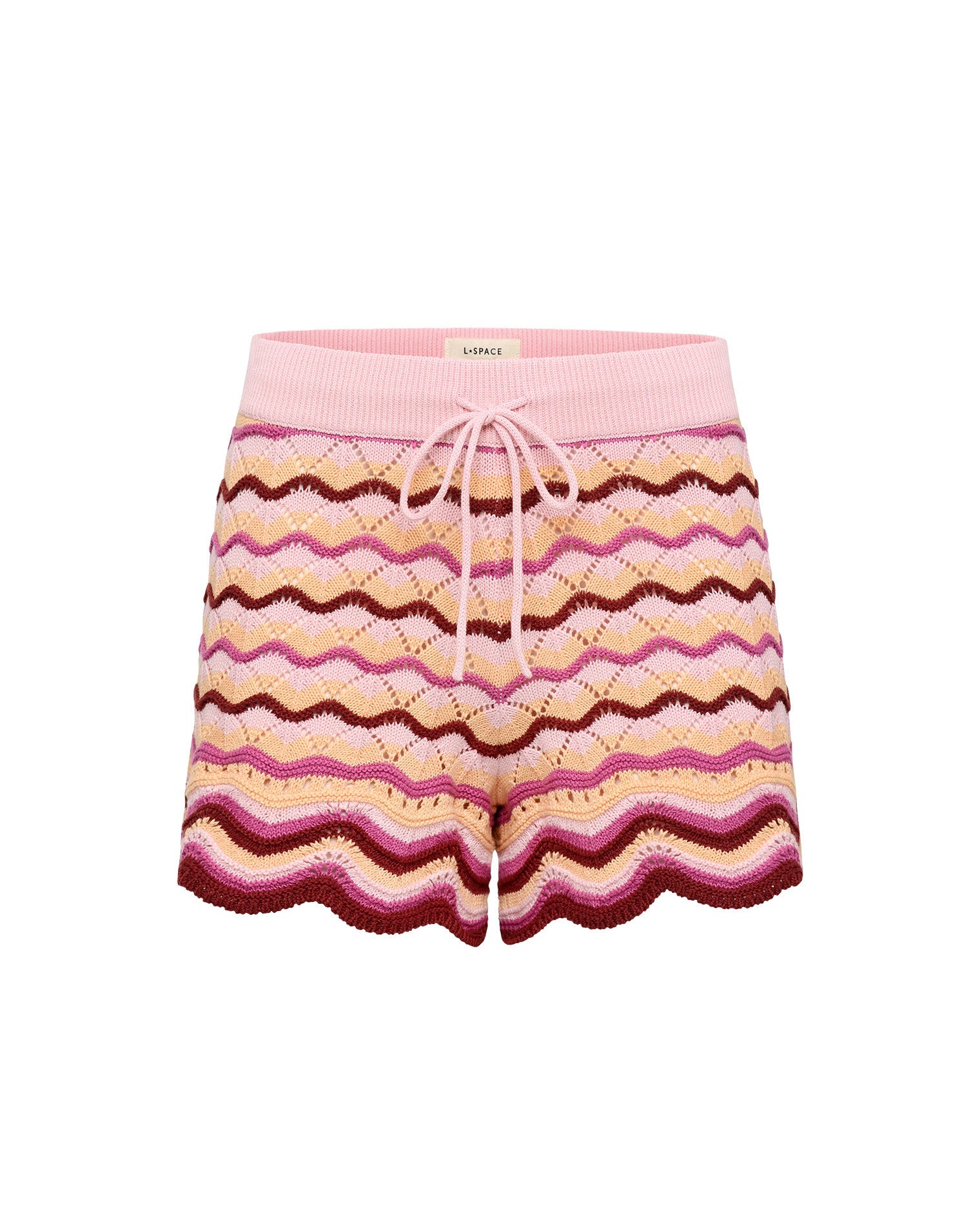 Shorts de plage taille haute en maille crochet avec ourlet festonné et cordon de serrage rose