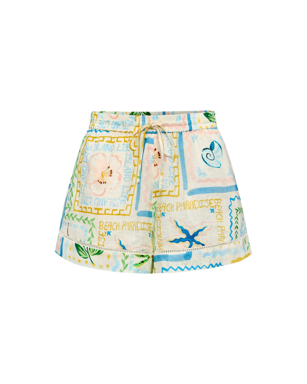 Short en lin taille haute imprimé "Wish You Were Here", coupe décontractée avec poches
