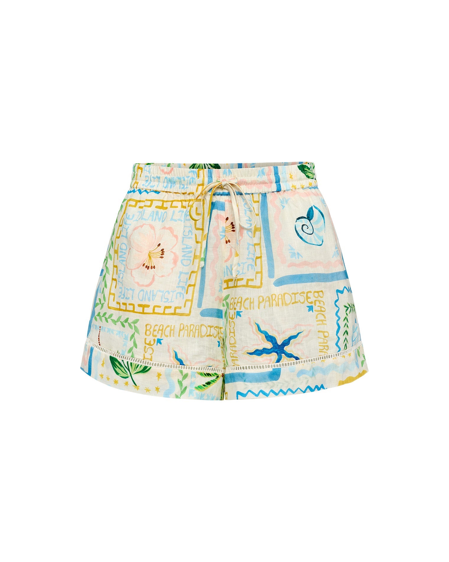 Short en lin taille haute imprimé "Wish You Were Here", coupe décontractée avec poches