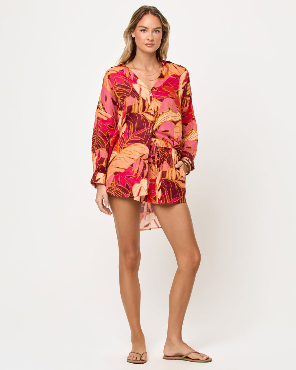 Chemisier tunique en lin imprimé feuilles tropicales Surchemise ample boutonnée