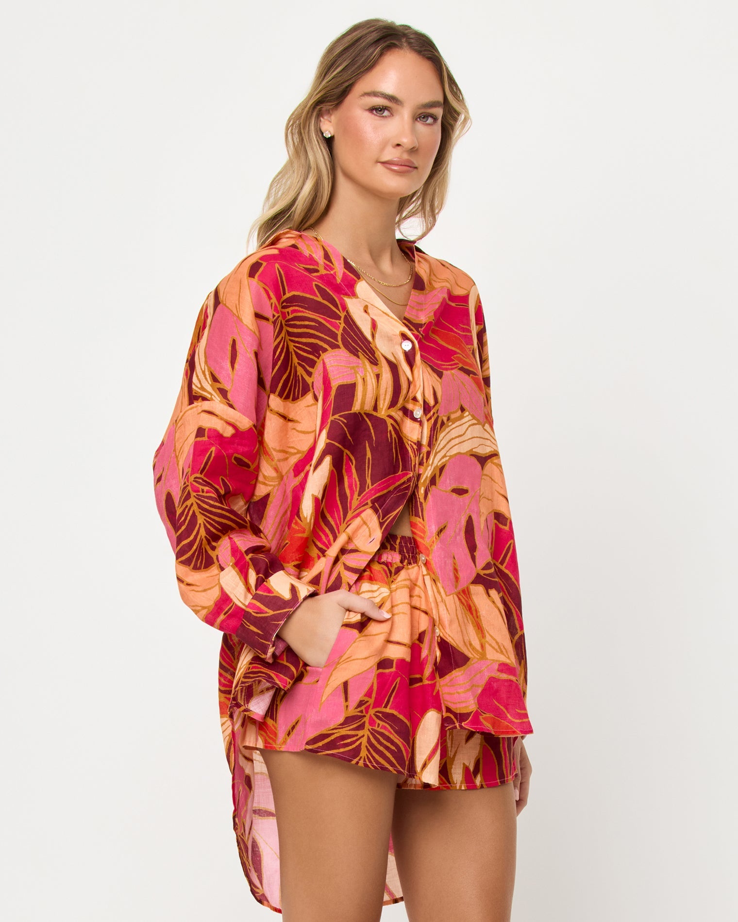 Chemisier tunique en lin imprimé feuilles tropicales Surchemise ample boutonnée
