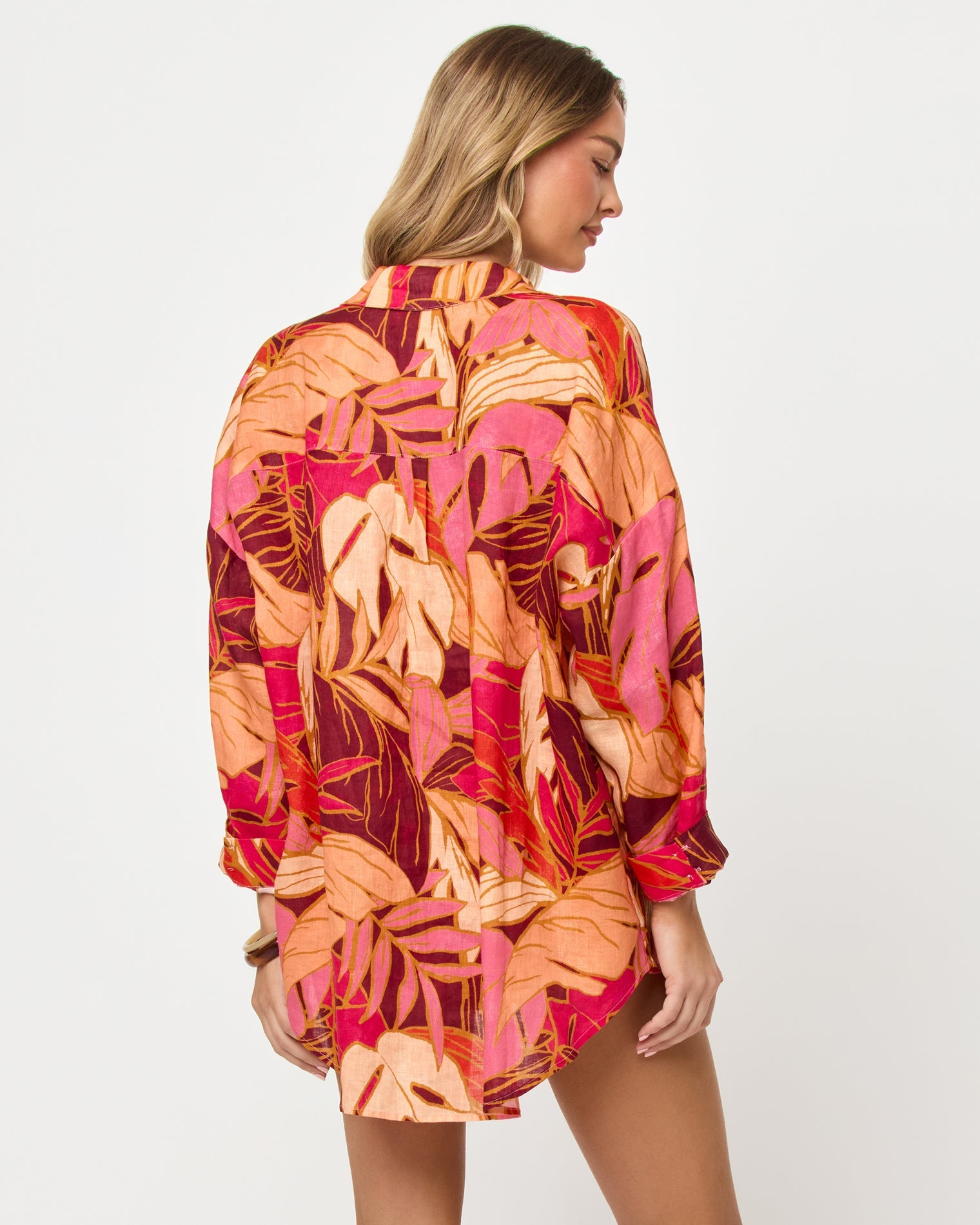 Chemisier tunique en lin imprimé feuilles tropicales Surchemise ample boutonnée