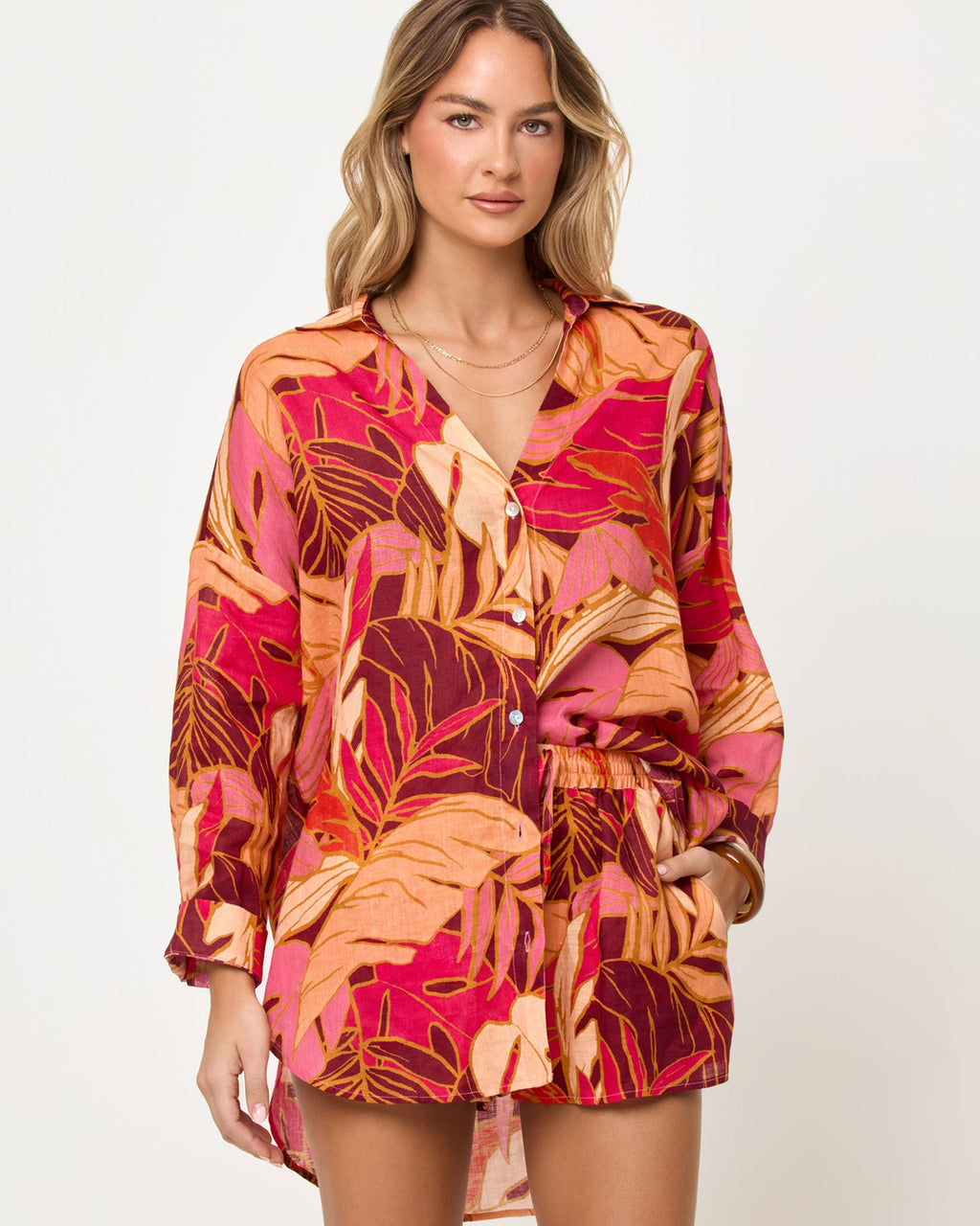 Chemisier tunique en lin imprimé feuilles tropicales Surchemise ample boutonnée
