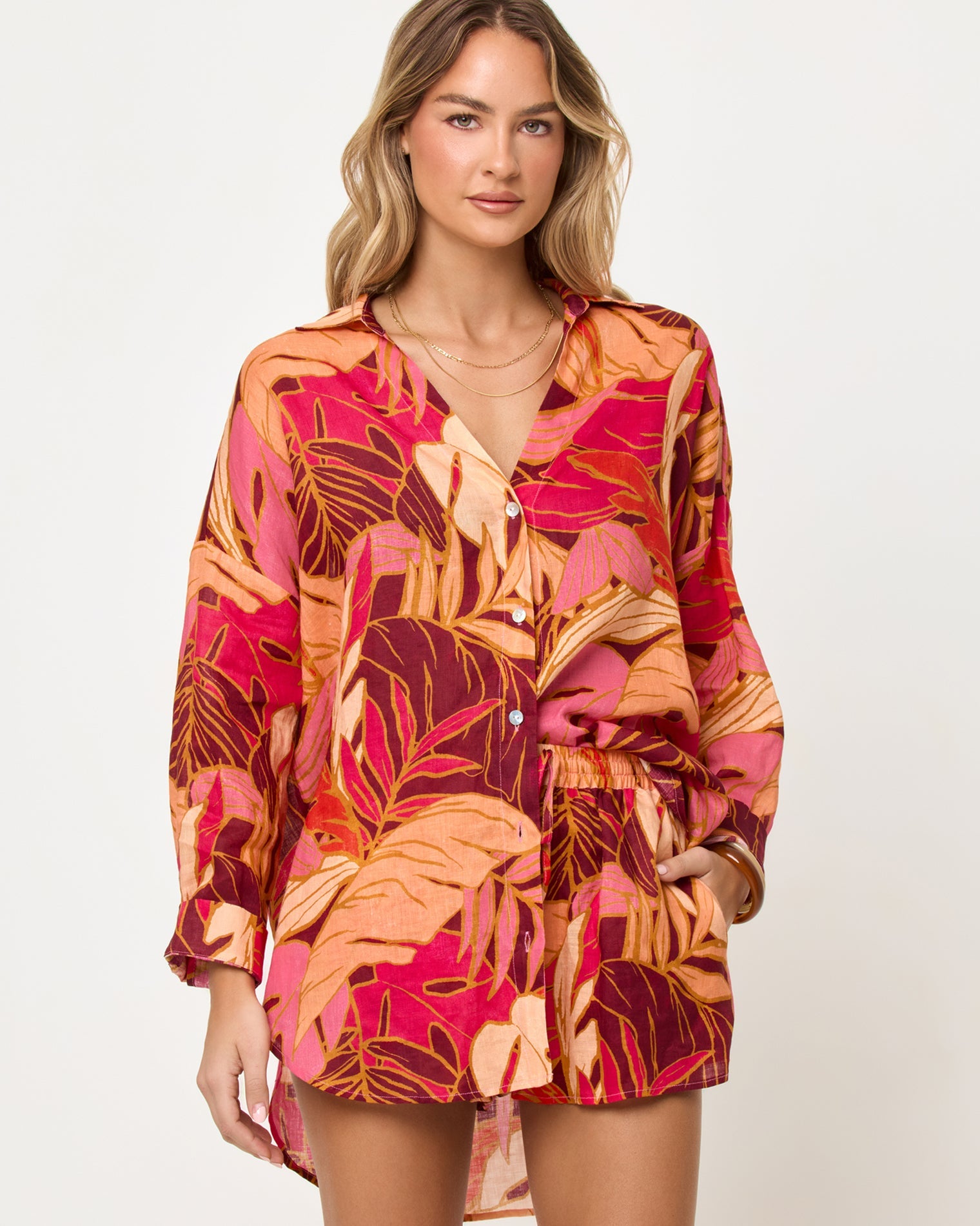 Chemisier tunique en lin imprimé feuilles tropicales Surchemise ample boutonnée