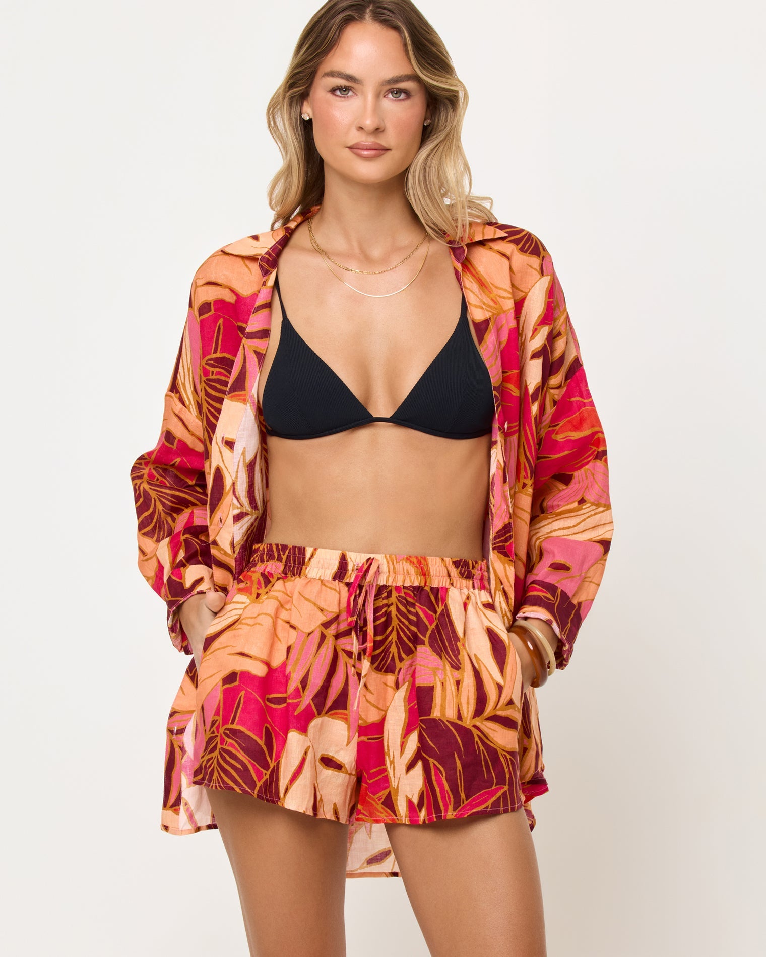 Chemisier tunique en lin imprimé feuilles tropicales Surchemise ample boutonnée