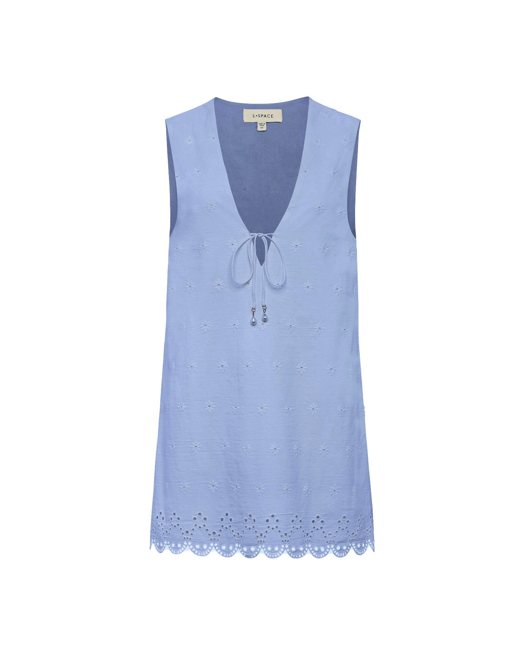Mini-robe droite en chambray à œillets avec encolure en V et lien à nouer sur le devant