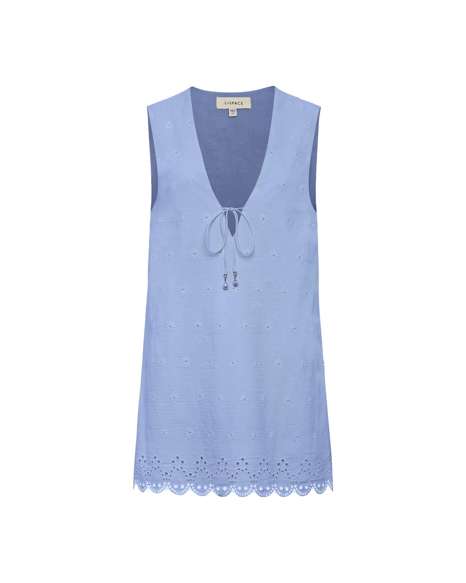 Mini-robe droite en chambray à œillets avec encolure en V et lien à nouer sur le devant