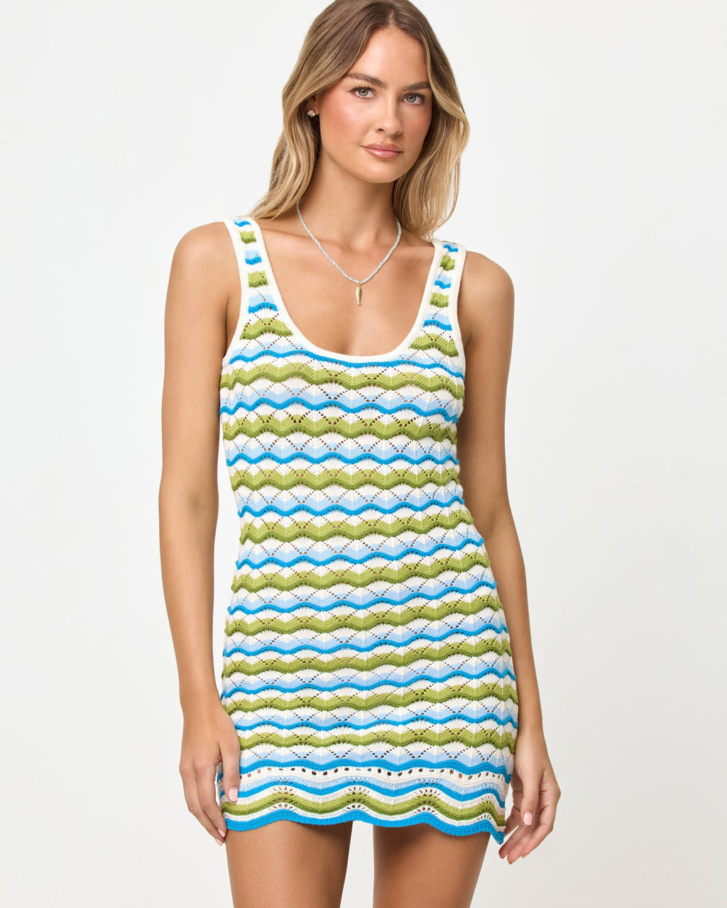 Mini-robe débardeur en maille crochetée rayée Island Breeze – Paréo de plage
