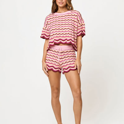 Shorts de plage taille haute en maille crochet avec ourlet festonné et cordon de serrage rose